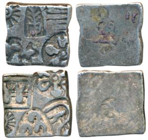 Archaic Punch Marked Coinage, Mauryan Empire, Silver Karshapana (2), 2.81g and 2.84g, firs