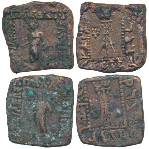 Indo-Greeks, Apollodotus I, Copper Square Quadruple (2), obv. Apollo standing facing, with