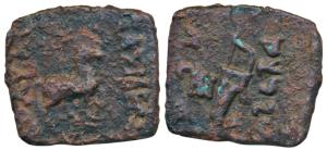 Indo-Scythians, Maues (c. 125-85 BC), Copper Square Unit, 4.44g, obv. horse standing right