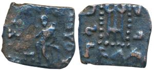 Indo-Scythians, Maues, Copper Square Unit, 1.61g, obv. Apollo standing facing left holding