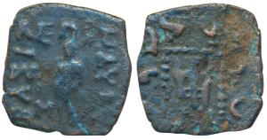Indo-Scythians, Maues, Copper Square Unit, 1.51g, obv. Apollo standing facing left holding