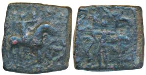 Indo-Scythians, Mujatria, Copper Square Drachm, 2.03g, obv. king holding whip, mounted on 