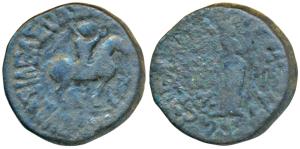 Indo-Parthians, Gondophares, Copper Tetradrachm, 9.60g, obv. king holding a whip, mounted 