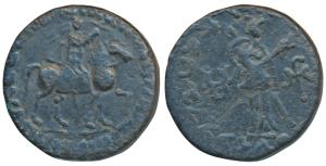 Indo-Parthians, Gondophares, Copper Tetradrachm, 8.35g, obv. king holding a whip, mounted 