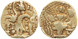 Kidara Kushanas, Base Gold Dinar, 7.85g, obv. king standing right with trident and banner,