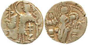 Kidara Kushanas, Anonymous, Base Gold Dinar, 7.85g, , obv. king standing right with triden
