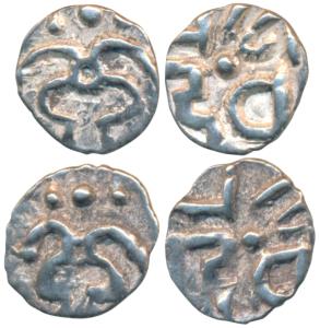 Kalachuris of Ratnapur, Ratnadeva II or III, Silver Mashakas (2), 0.26g and 0.27g, obv. Ha
