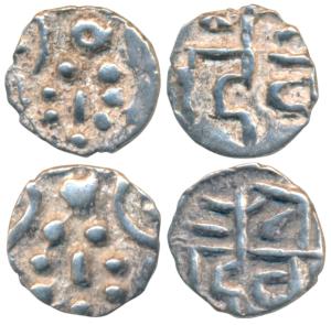 Kalachuris of Ratnapur, Ratnadeva II or III, Silver Mashakas (2), each 0.26g, obv. Hanuman