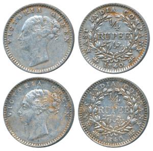 Victoria Queen, Silver ¼ Rupee, 1840, continuous legend, Madras Mint, English Head, S incu