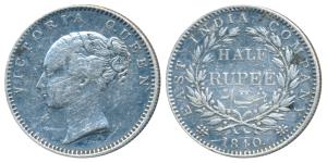 Victoria Queen, Silver ½ Rupee, 1840, continuous legend, Bombay Mint, English Head, 19 Ber