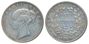Victoria Queen, Silver ½ Rupee, 1840, continuous legend, Bombay Mint, English Head, 19 Ber