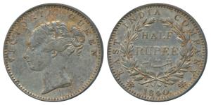 Victoria Queen, Silver ½ Rupee, 1840, continuous legend, Bombay Mint, English Head, 19 Ber