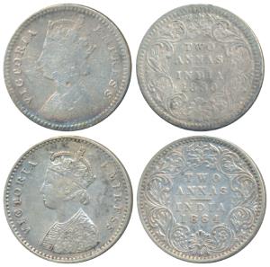 Victoria Empress, Silver 2 Annas, 1880, Calcutta Mint, B / II / C incuse, (Prid 495); 1884