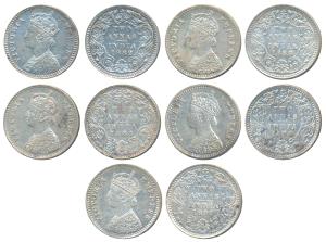 Victoria Empress, Silver 2 Annas, 1882, Calcutta Mint, B / II / C incuse; 1884, Bombay Min
