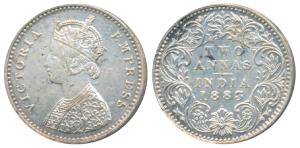 Victoria Empress, Silver 2 Annas, 1883 (2), Bombay Mint, A / I / dot, (Prid 529). Extremel