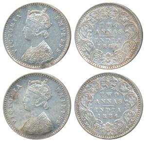 Victoria Empress, Silver 2 Annas, 1884, Bombay Mint, A / I / B raised, (Prid 533). About E