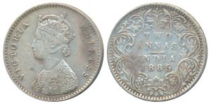 Victoria Empress, Silver 2 Annas, 1885, Bombay Mint, A / I / No mint mark, (Prid 536A). Ve