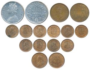 Victoria Empress, Silver Rupee, 1887, B inverted; George V, Copper 1/12 Anna, 1915, 1922, 
