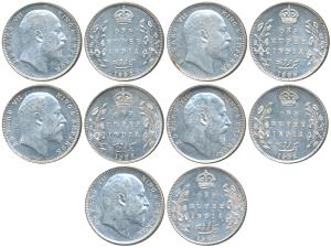 Edward VII, Silver Rupee, 1903, 1904, 1905, 1906 and 1907. Very Fine+ to About Extremely F
