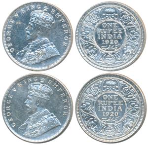 George V, Silver Rupee (2), 1920, Bombay & Calcutta Mint, (KM 524). About Uncirculated, Sc