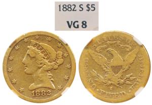 United States of America, Gold $ 5, 8.25g (approx), 1882, Liberty head on obv., motto abov