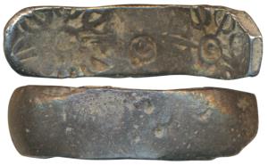 Archaic Punch Marked Coinage, attributed to Gandhara Janapada, Bent Bar, Silver 5 Shana, 1