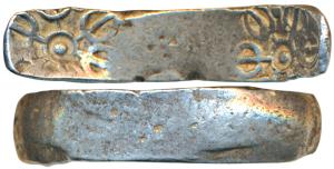Archaic Punch Marked Coinage, attributed to Gandhara Janapada, Bent Bar, Silver 5 Shana, 1