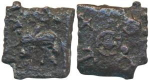 City State, Kaushambi, City State, Copper, 1g, obv. a small circle surrounded by four lett