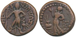 Yaudheyas, tribes of Punjab, Copper Karshapana, 11.25g, obv. Lord Kartikeya with peacock a