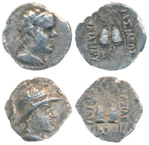 Indo-Greek, Eukratides (c. 171-145 BC), two different Silver Obol (2), 0.52g & 0.50g, obv.