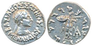 Indo-Greeks, Menander I, Silver Drachm, 2.45g, Bilingual series, obv. diademed and draped 