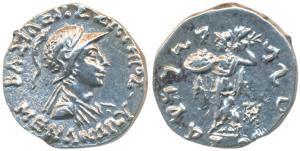 Indo-Greeks, Menander I, Silver Drachm, 2.39g, obv. helmeted bust of the king to right wit