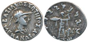 Indo-Greeks, Menander I, Silver Drachm, 2.36g, obv. helmeted bust of the king to right wit