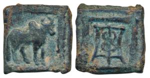 Indo-Greeks, Apollodotus II, Copper Square Chalkous, 2.05g, obv. humped bull standing righ