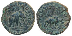 Indo-Scythians, Azes II, Copper Pentachalkon, 12.55g, obv. elephant standing to right, let