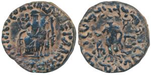 Indo-Scythians, Azes II, Copper Pentachalkon, 11.64g, obv. city goddess seated on a throne
