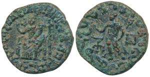Indo-Scythians, Azes II, Copper Pentachalkon, 10.21g, obv. city goddess seated on a throne