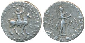 Indo-Scythians, Azes II, Silver Tetradrachm, 9.13g, obv. King mounted on a horse to right,