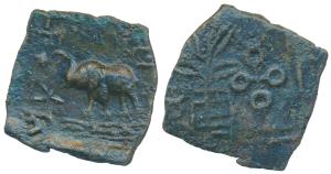 Satavahanas, Satakarni I, Copper Square Unit, 7.29g, obv. elephant walking to left with up