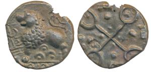 Satavahanas, Sri Satakarni, Copper, 2.99g, Junnar-Lion type, obv. a lion standing at a sac