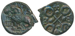 Satavahanas, Sri Satakarni, Copper, 3.7g, Junnar-Lion type, obv. a lion standing at a sacr