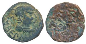 Kushanas, Kujula Kadphises, Copper Drachm, 7.44g, of ’posthumous Hermaios’ type, obv. diad