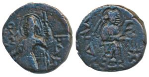 Kushanas, Kanishka I, Copper ¼ Unit, 4.13g, obv. king standing sacrificing at an altar wit
