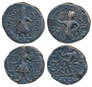 Kushanas, Kanishka I (2), Copper ¼ Unit, 4.12g & 5.11g, obv. king standing sacrificing at 