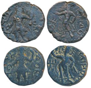 Kushanas, Kanishka I Copper ¼ Unit, 4.79g & 4.42g, obv. king standing sacrificing at an al