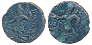 Kushanas, Kanishka I, Copper ¼ Drachma, 4.55g, obv. king standing facing head left, sacrif