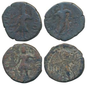 Kushanas, Kanishka I, Copper ¼ Unit (2), 3.81g and 3.93g, obv. king standing, holding trid