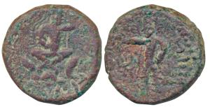 Kushanas, Huvishka, Copper Unit, 13.99g, obv. king seated cross-legged on clouds, with hea