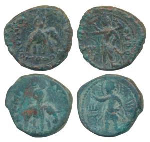 Kushanas, Huvishka, Copper Unit (2), 15.01g & 15.60g, obv. king riding an elephant to righ