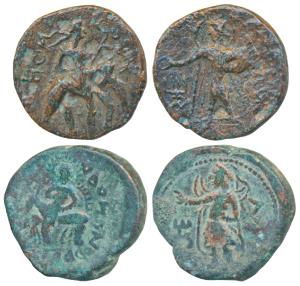 Kushanas, Huvishka, Copper Unit (2), 9.16g & 15.62g, obv. king riding an elephant to right